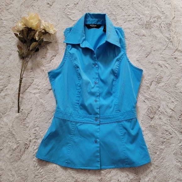 Express Tops - ✨️CL Express Stretch Blue Button Up Collar Sleeveless Blouse Size 1/2